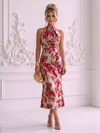 Jacquard Sheath/Column High Neck Tea-Length Cocktail Dresses with Ruched Waist