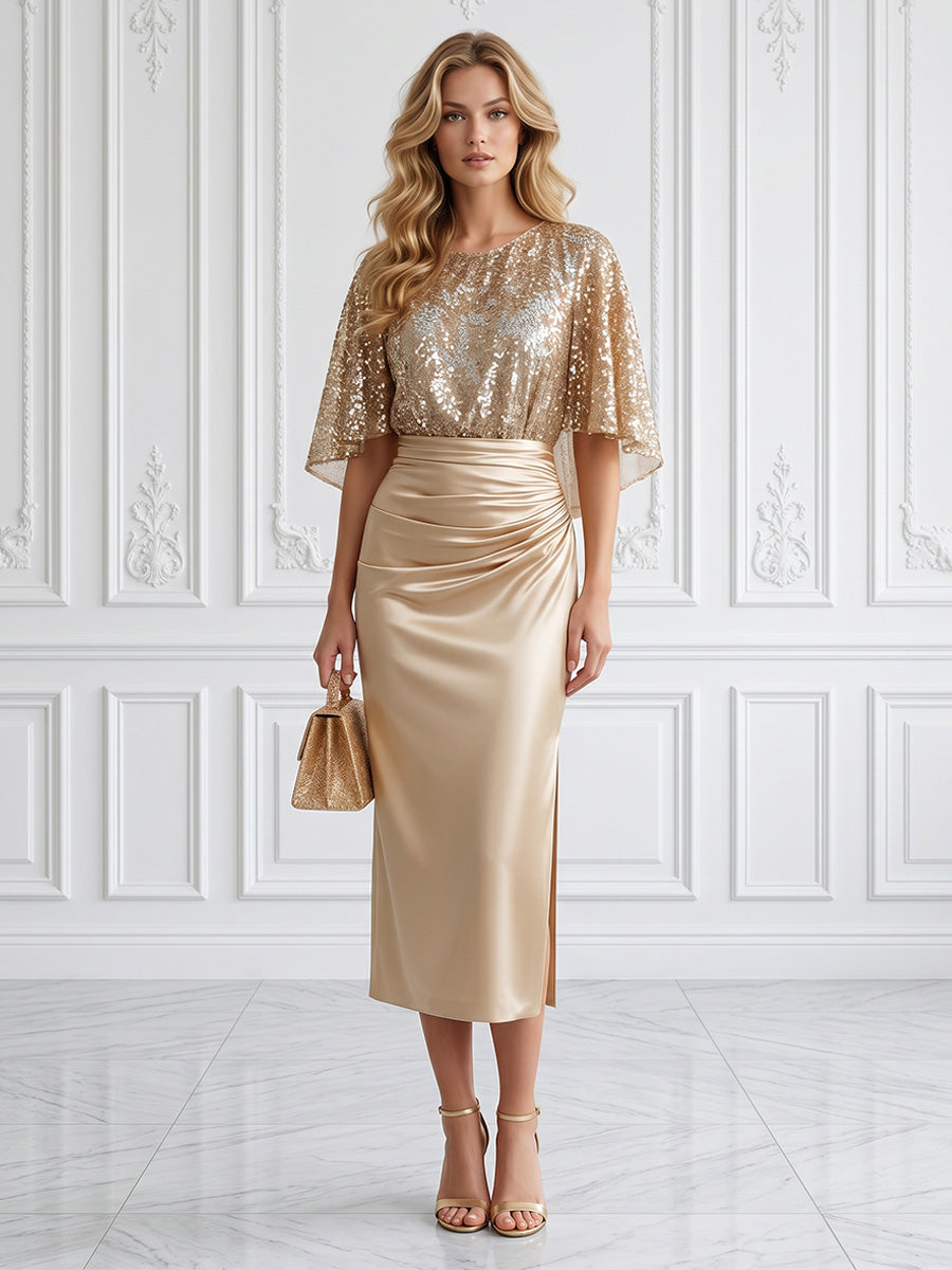 Satin Sheath/Column Scoop Neck Tea-Length Cocktail Dresses with Ruched Waist
