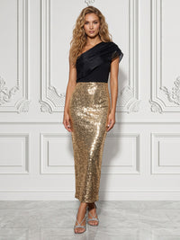 Sequin Sheath/Column One Shoulder Tea-Length Cocktail Dresses with Chic Colorblock Detail