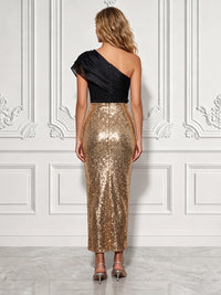 Sequin Sheath/Column One Shoulder Tea-Length Cocktail Dresses with Chic Colorblock Detail