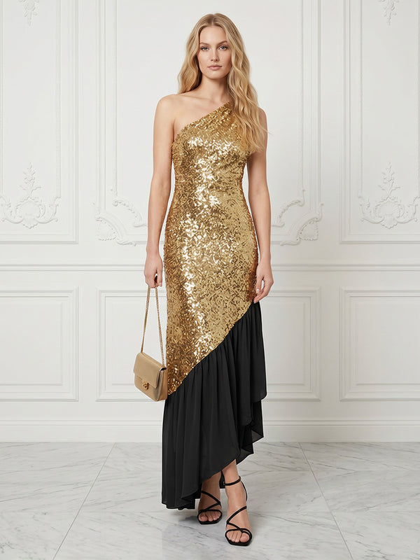 Sequin Mermaid/Trumpet One Shoulder Tea-Length Cocktail Dresses with Ruffles