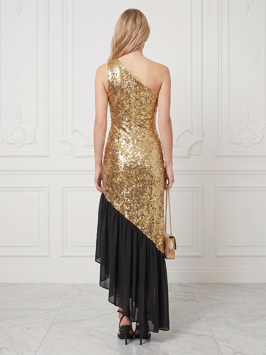 Sequin Mermaid/Trumpet One Shoulder Tea-Length Cocktail Dresses with Ruffles