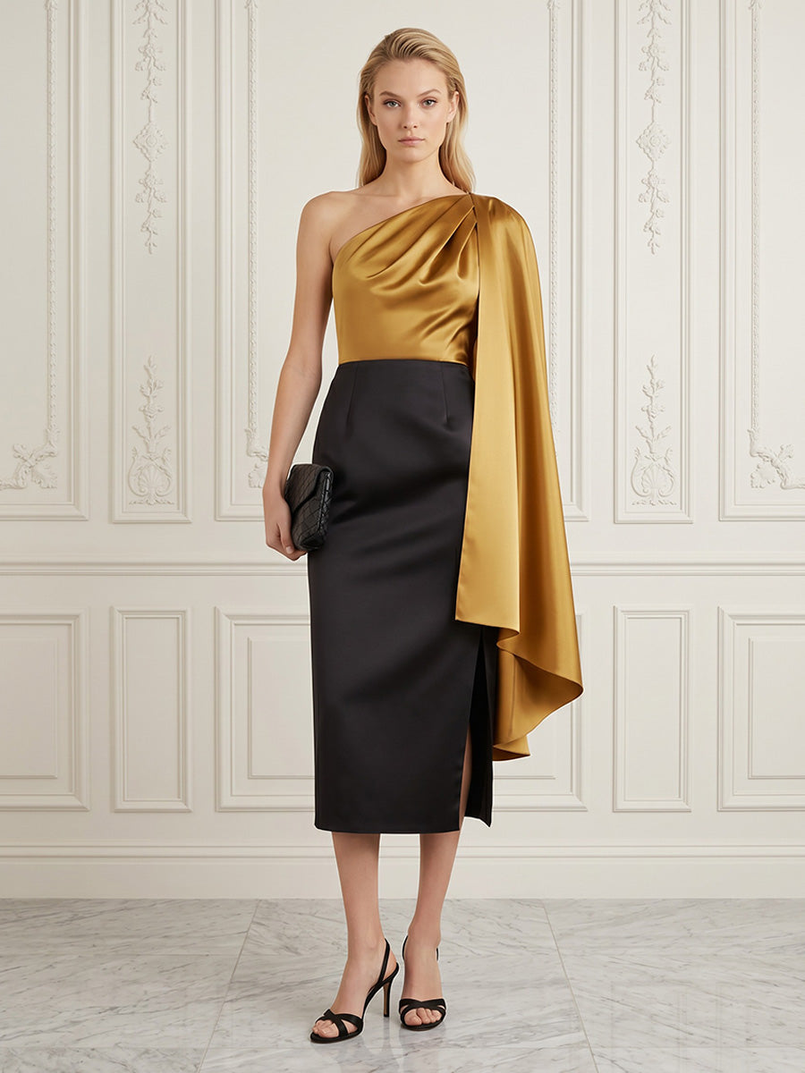 Satin Sheath/Column One Shoulder Tea-Length Cocktail Dresses with Chic Colorblock Detail