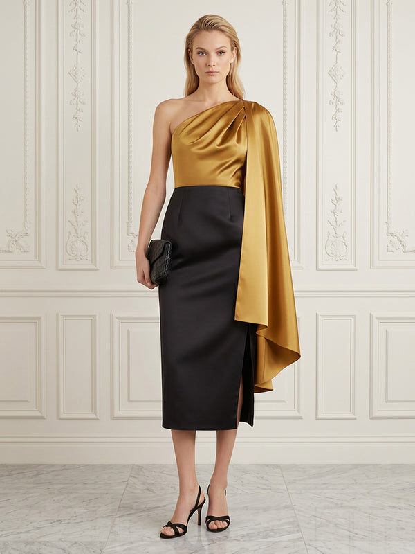 Satin Sheath/Column One Shoulder Tea-Length Cocktail Dresses with Chic Colorblock Detail