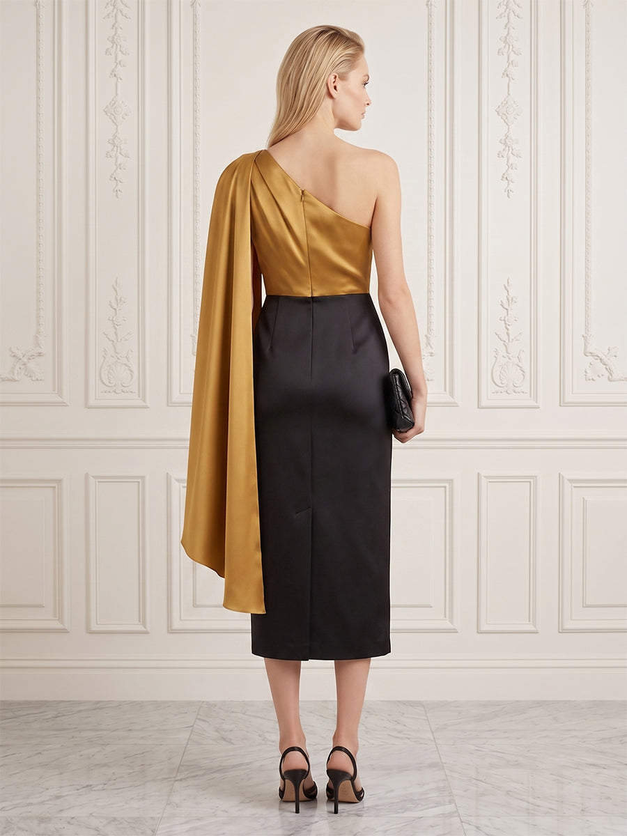 Satin Sheath/Column One Shoulder Tea-Length Cocktail Dresses with Chic Colorblock Detail