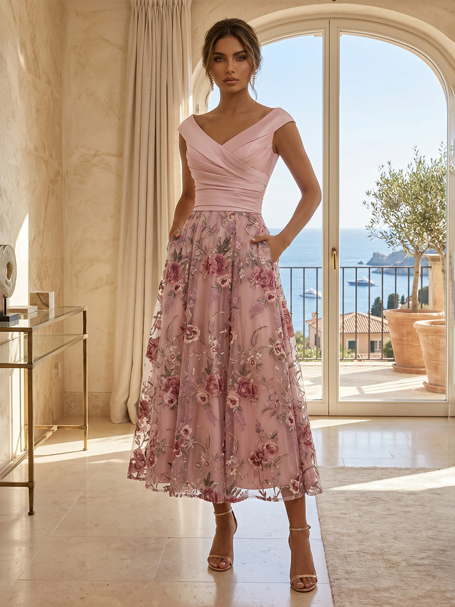 Floral Embroidery A-Line/Princess V-Neck Tea-Length Cocktail Dresses with Ruched Bodice
