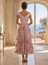 Floral Embroidery A-Line/Princess V-Neck Tea-Length Cocktail Dresses with Ruched Bodice