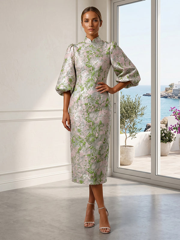 Jacquard Sheath/Column High Neck Tea-Length Cocktail Dresses for Women