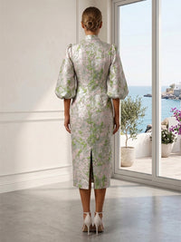 Jacquard Sheath/Column High Neck Tea-Length Cocktail Dresses for Women