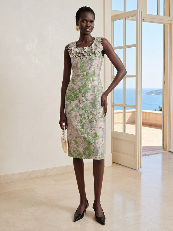Jacquard Sheath/Column Square Neck Midi-Length Cocktail Dresses with 3D Flowers