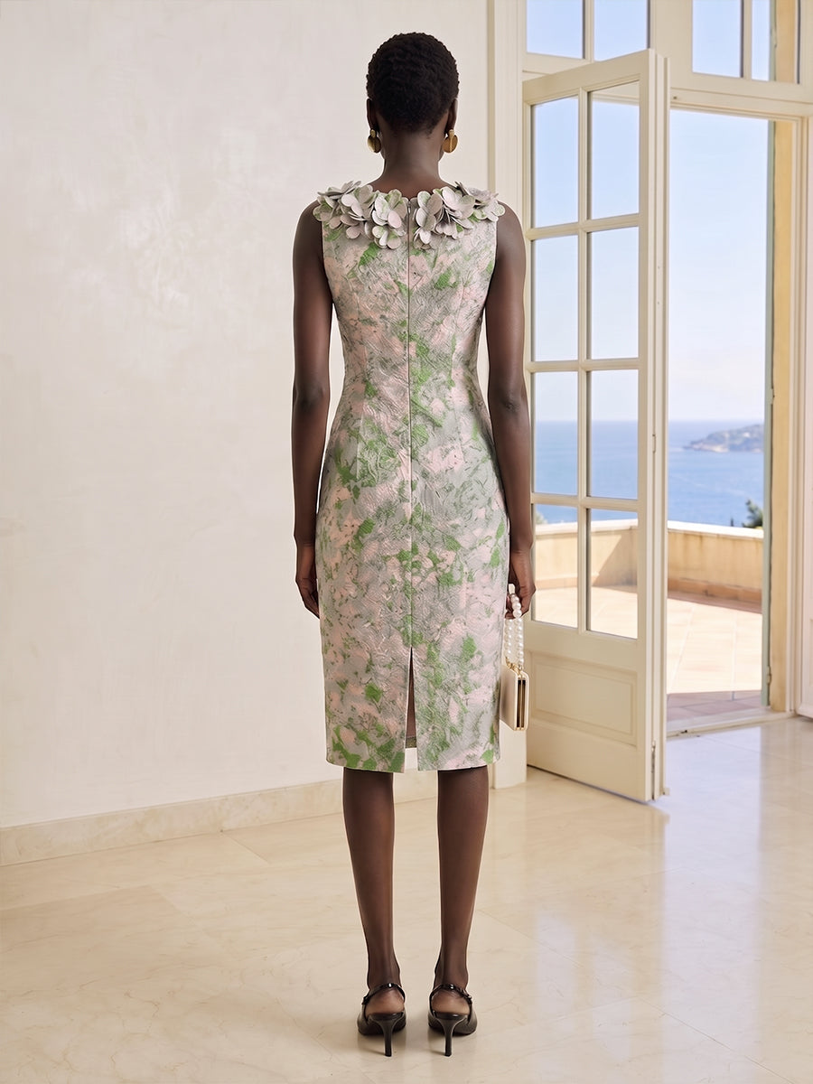 Jacquard Sheath/Column Square Neck Midi-Length Cocktail Dresses with 3D Flowers