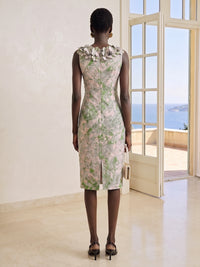 Jacquard Sheath/Column Square Neck Midi-Length Cocktail Dresses with 3D Flowers