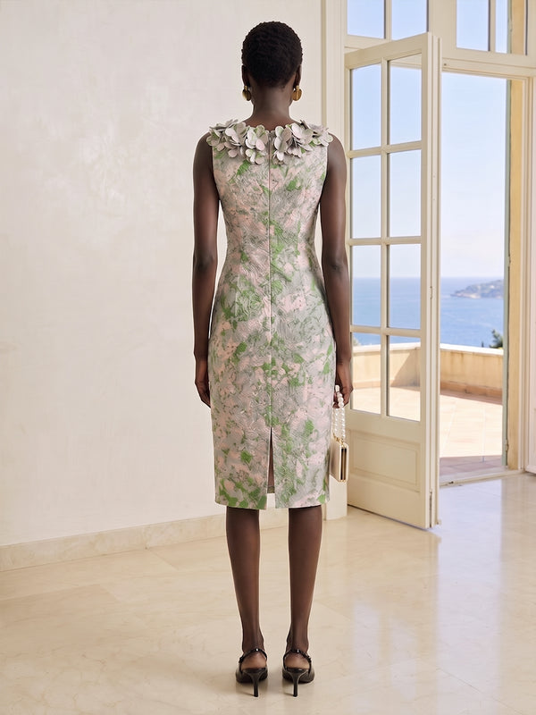 Jacquard Sheath/Column Square Neck Midi-Length Cocktail Dresses with 3D Flowers