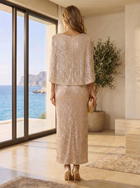 Sequin Sheath/Column V-Neck Tea-Length Cocktail Dresses with Cape & Front Slit