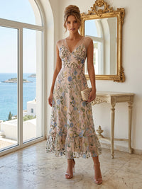Floral Embroidery A-Line/Princess V-Neck Tea-Length Cocktail Dresses with Ruffles