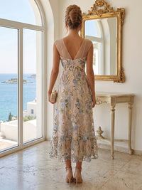 Floral Embroidery A-Line/Princess V-Neck Tea-Length Cocktail Dresses with Ruffles