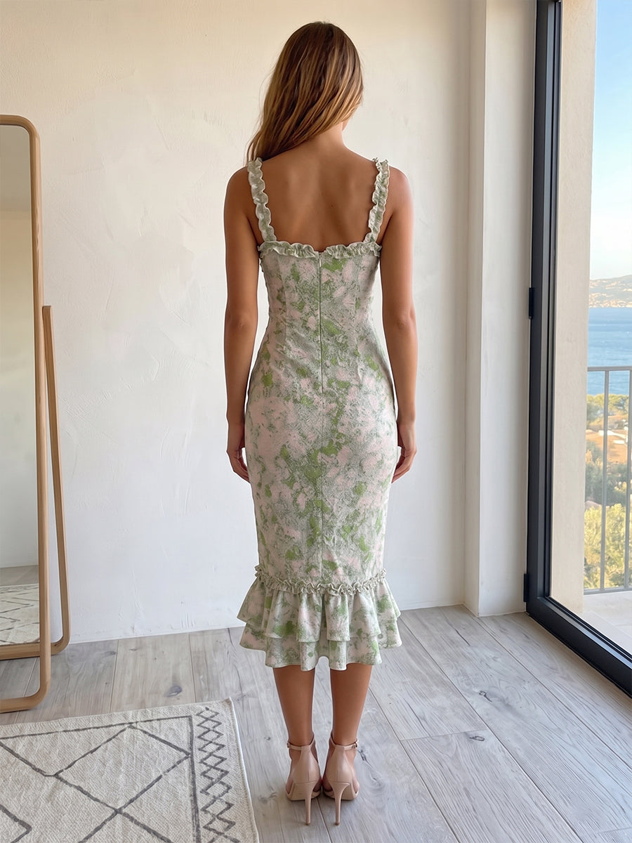 Jacquard Mermaid/Trumpet Spaghetti Straps Tea-Length Cocktail Dresses with Tiered Layers & Ruffles
