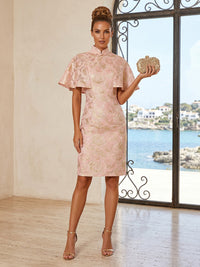 Jacquard Sheath/Column High Neck Short Cocktail Dresses with Cape Sleeves