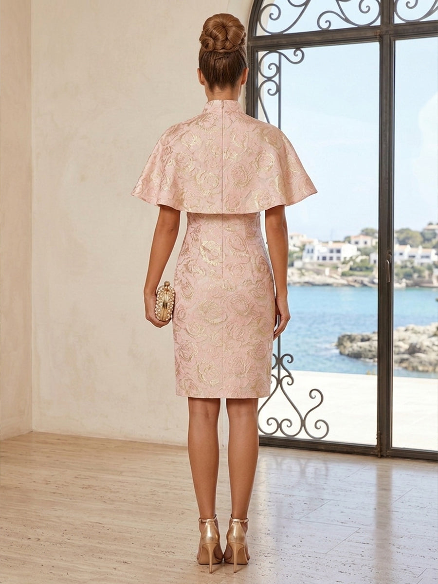 Jacquard Sheath/Column High Neck Short Cocktail Dresses with Cape Sleeves