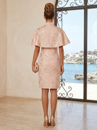 Jacquard Sheath/Column High Neck Short Cocktail Dresses with Cape Sleeves
