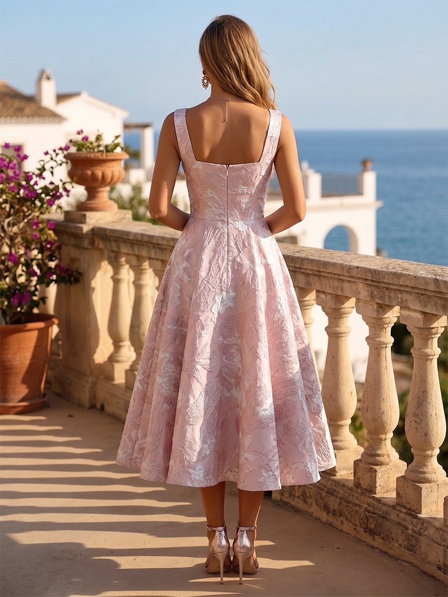 Jacquard A-Line/Princess Square Neck Tea-Length Cocktail Dresses with Pleats