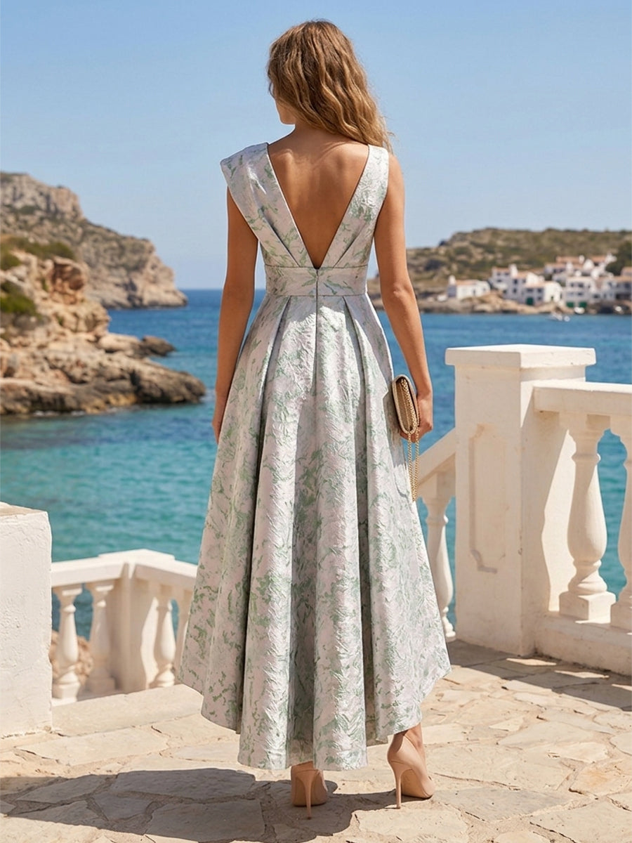 Jacquard A-Line/Princess V-Neck High-Low Cocktail Dresses with Pleats