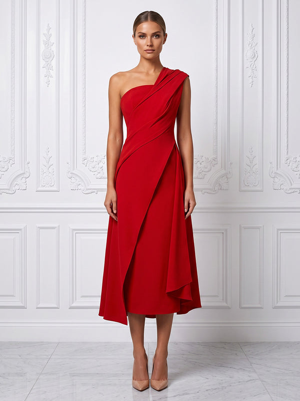 Satin A-Line/Princess One Shoulder Tea-Length Cocktail Dresses with Ruched Waist