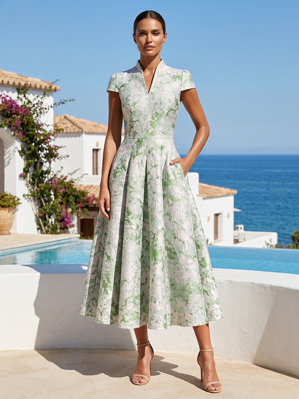 Jacquard A-Line/Princess V-Neck Tea-Length Cocktail Dresses with Pleats & Pockets