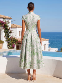 Jacquard A-Line/Princess V-Neck Tea-Length Cocktail Dresses with Pleats & Pockets