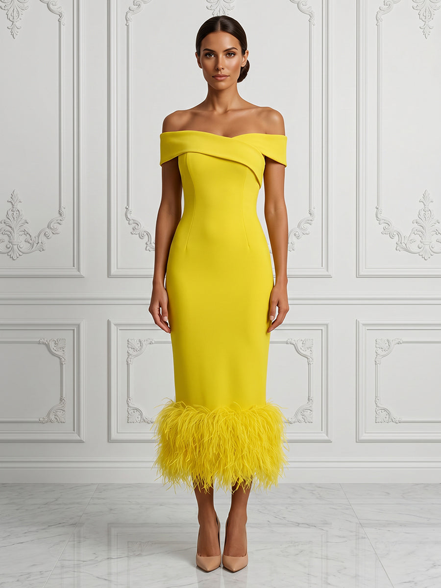 Stretch Jersey Sheath/Column Off Shoulder Tea-Length Cocktail Dresses with Feather Trim