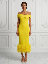 Stretch Jersey Sheath/Column Off Shoulder Tea-Length Cocktail Dresses with Feather Trim