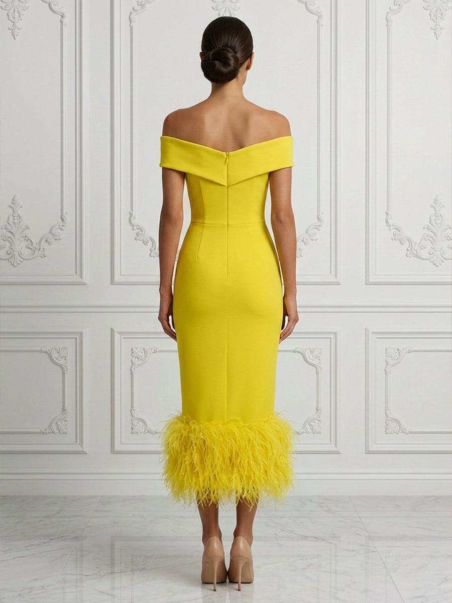 Stretch Jersey Sheath/Column Off Shoulder Tea-Length Cocktail Dresses with Feather Trim