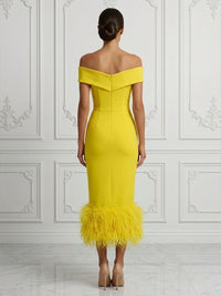 Stretch Jersey Sheath/Column Off Shoulder Tea-Length Cocktail Dresses with Feather Trim