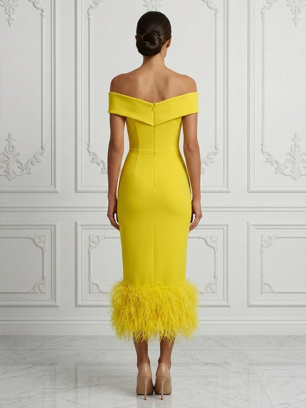 Stretch Jersey Sheath/Column Off Shoulder Tea-Length Cocktail Dresses with Feather Trim