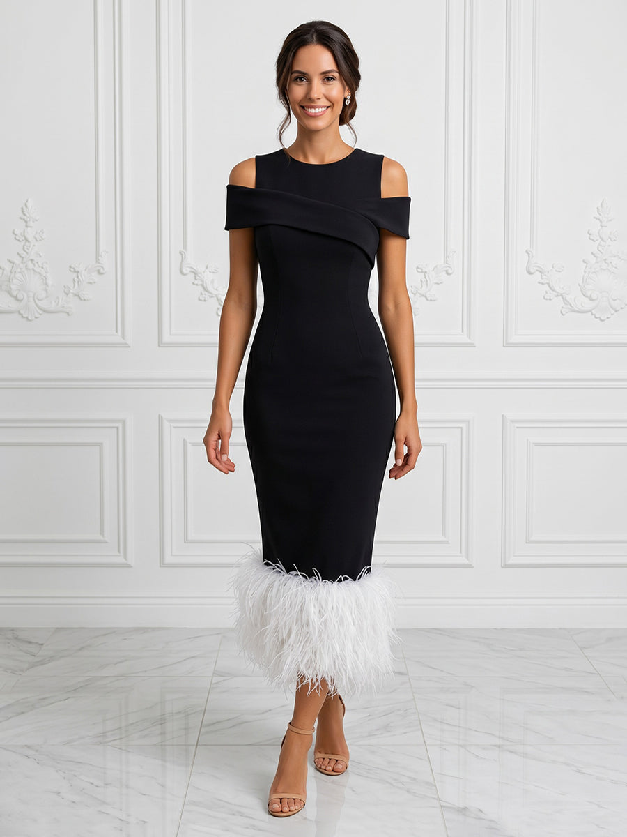 Stretch Jersey Sheath/Column Off Shoulder Tea-Length Cocktail Dresses with Feather Trim