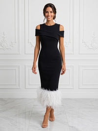 Stretch Jersey Sheath/Column Off Shoulder Tea-Length Cocktail Dresses with Feather Trim