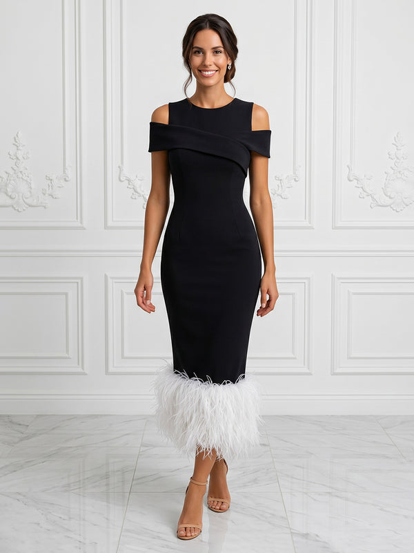 Stretch Jersey Sheath/Column Off Shoulder Tea-Length Cocktail Dresses with Feather Trim