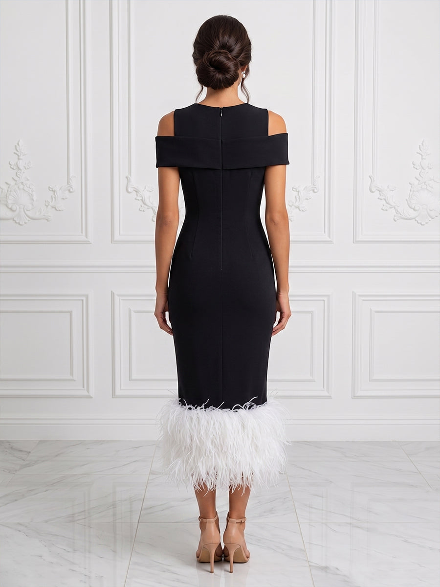 Stretch Jersey Sheath/Column Off Shoulder Tea-Length Cocktail Dresses with Feather Trim