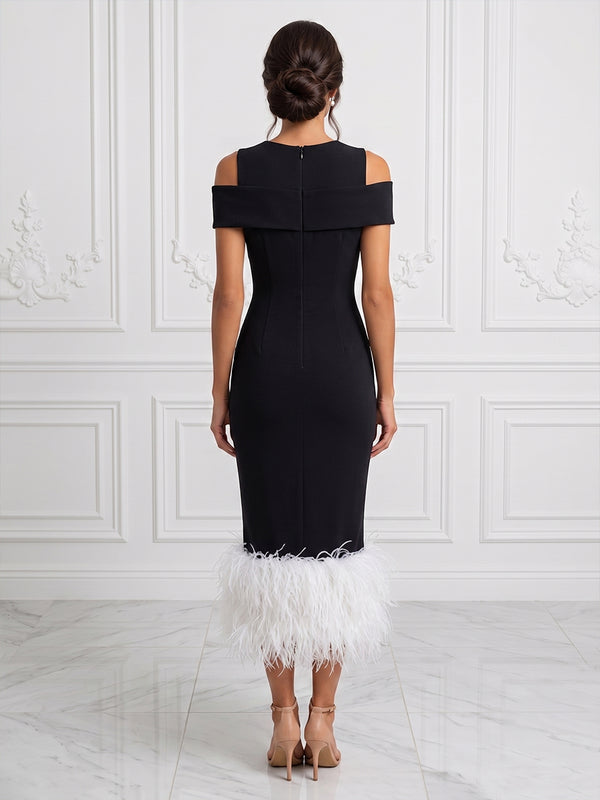 Stretch Jersey Sheath/Column Off Shoulder Tea-Length Cocktail Dresses with Feather Trim