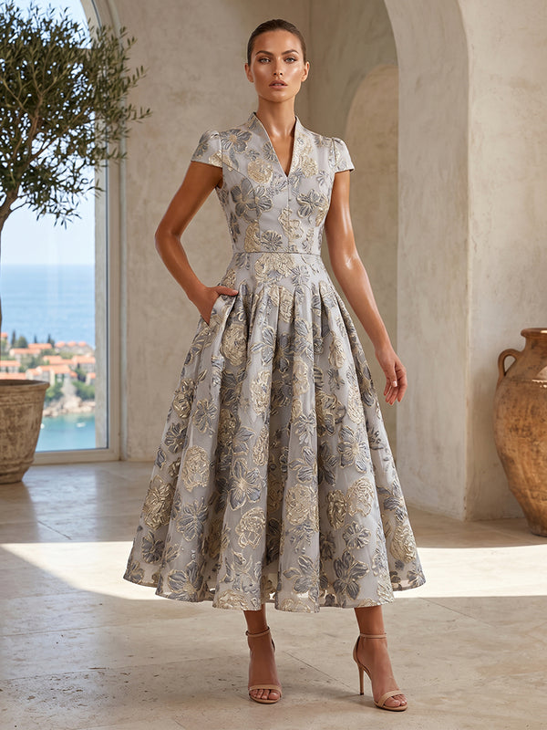 Jacquard A-Line/Princess V-Neck Tea-Length Cocktail Dresses with Pleats & Pockets