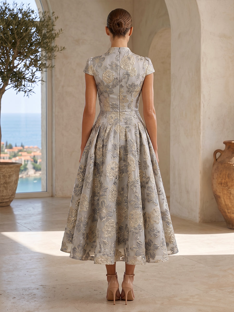 Jacquard A-Line/Princess V-Neck Tea-Length Cocktail Dresses with Pleats & Pockets