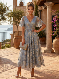 Jacquard A-Line/Princess V-Neck Tea-Length Cocktail Dresses with Pleats