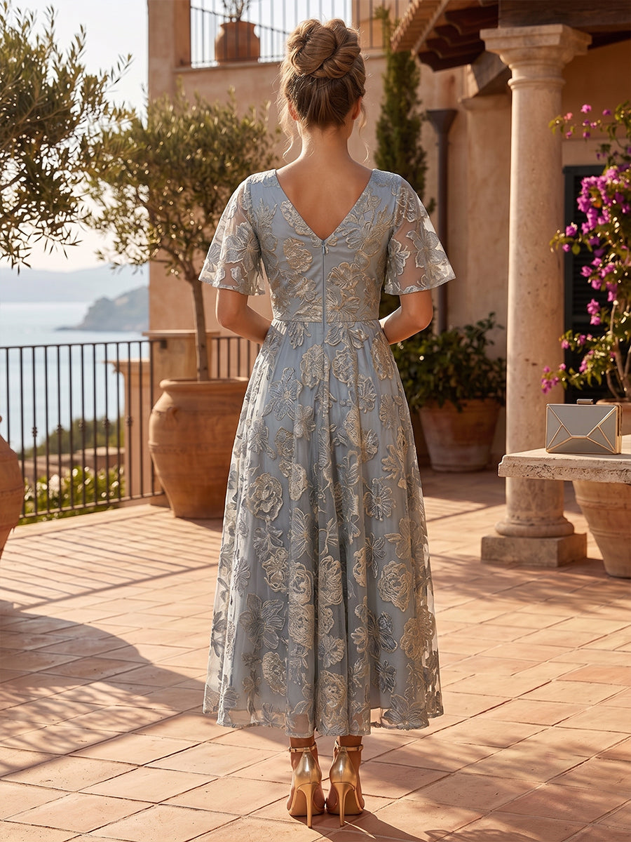 Jacquard A-Line/Princess V-Neck Tea-Length Cocktail Dresses with Pleats