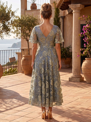 Jacquard A-Line/Princess V-Neck Tea-Length Cocktail Dresses with Pleats