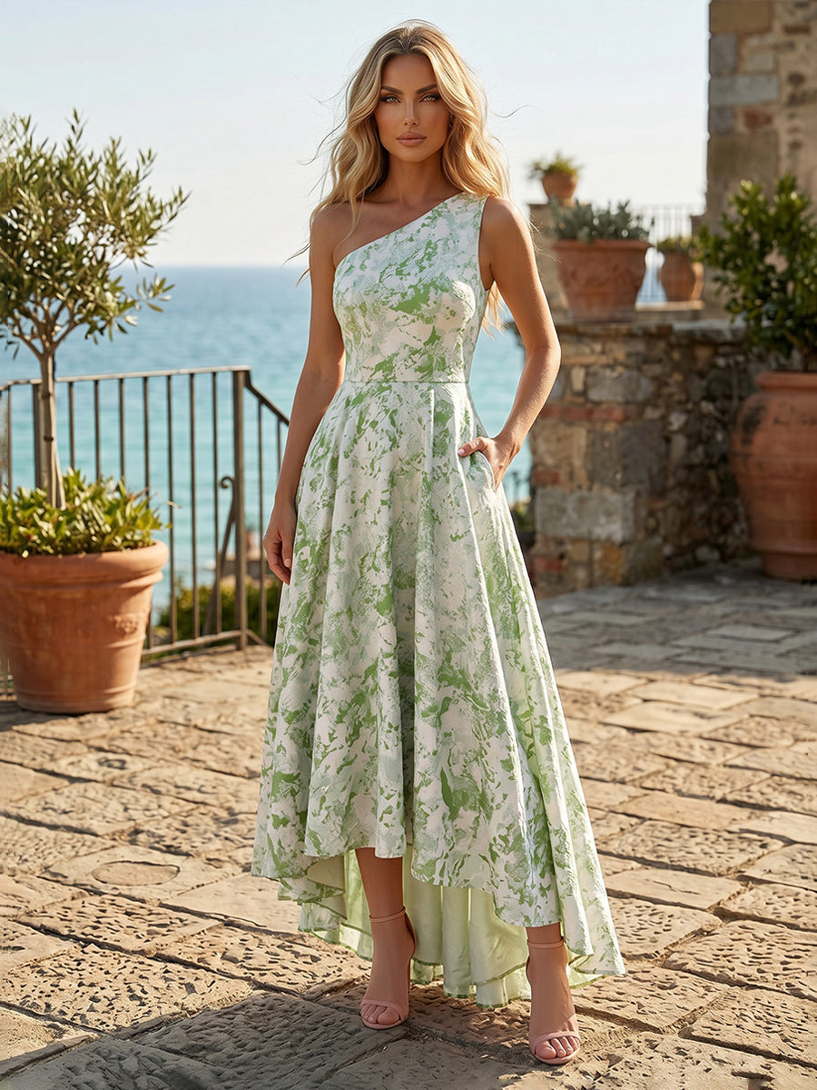 Jacquard A-Line/Princess One Shoulder High-Low Cocktail Dresses with Pleats & Pockets