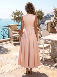 Satin A-Line/Princess V-Neck Tea-Length Cocktail Dresses with Pleats
