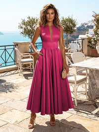 Satin A-Line/Princess V-Neck Tea-Length Cocktail Dresses with Pleats