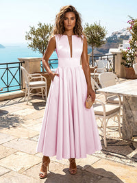 Satin A-Line/Princess V-Neck Tea-Length Cocktail Dresses with Pleats
