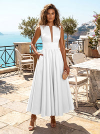 Satin A-Line/Princess V-Neck Tea-Length Cocktail Dresses with Pleats