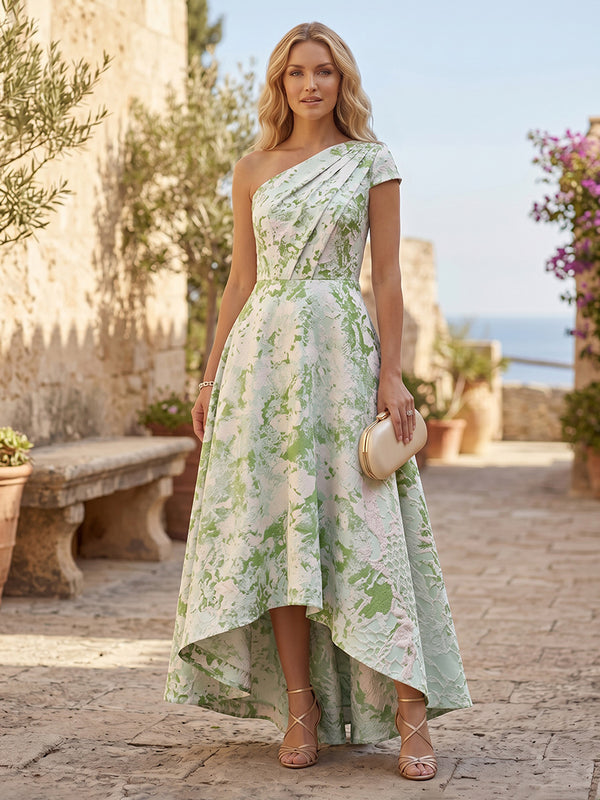 Jacquard A-Line/Princess One Shoulder High-Low Cocktail Dresses with Ruched Bodice
